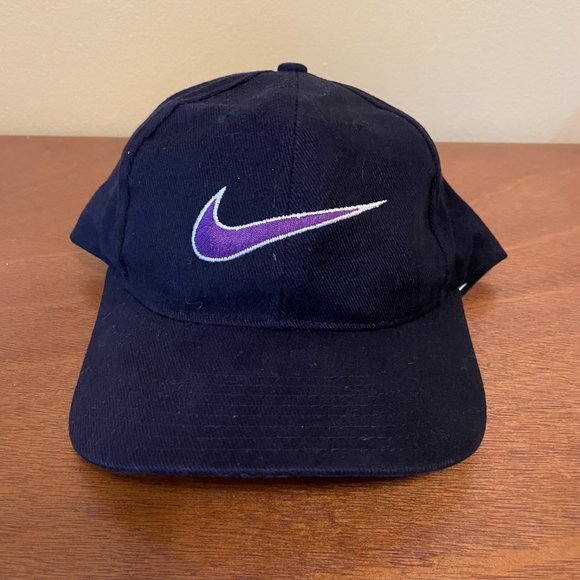 Nike Snapback Hat Rare Vintage 90s Big Swish Logo Black Purple - Picture 2 of 7